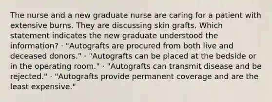 The nurse and a new graduate nurse are caring for a patient with extensive burns. They are discussing skin grafts. Which statement indicates the new graduate understood the information? · "Autografts are procured from both live and deceased donors." · "Autografts can be placed at the bedside or in the operating room." · "Autografts can transmit disease and be rejected." · "Autografts provide permanent coverage and are the least expensive."