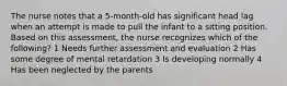 The nurse notes that a 5-month-old has significant head lag when an attempt is made to pull the infant to a sitting position. Based on this assessment, the nurse recognizes which of the following? 1 Needs further assessment and evaluation 2 Has some degree of mental retardation 3 Is developing normally 4 Has been neglected by the parents