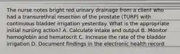 The nurse notes bright red urinary drainage from a client who had a transurethral resection of the prostate (TURP) with continuous bladder irrigation yesterday. What is the appropriate initial nursing action? A. Calculate intake and output B. Monitor hemoglobin and hematocrit C. Increase the rate of the bladder irrigation D. Document findings in the electronic health record