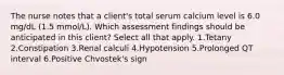 The nurse notes that a client's total serum calcium level is 6.0 mg/dL (1.5 mmol/L). Which assessment findings should be anticipated in this client? Select all that apply. 1.Tetany 2.Constipation 3.Renal calculi 4.Hypotension 5.Prolonged QT interval 6.Positive Chvostek's sign