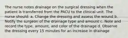 The nurse notes drainage on the surgical dressing when the patient is transferred from the PACU to the clinical unit. The nurse should: a. Change the dressing and assess the wound b. Notify the surgeon of the drainage type and amount c. Note and record the type, amount, and color of the drainage d. Observe the dressing every 15 minutes for an increase in drainage