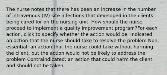 The nurse notes that there has been an increase in the number of intravenous (IV) site infections that developed in the clients being cared for on the nursing unit. How should the nurse proceed to implement a quality improvement program?For each action, click to specify whether the action would be: Indicated: an action that the nurse should take to resolve the problem Non-essential: an action that the nurse could take without harming the client, but the action would not be likely to address the problem Contraindicated: an action that could harm the client and should not be taken