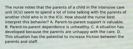 The nurse notes that the parents of a child in the intensive care unit (ICU) seem to spend a lot of time talking with the parents of another child who is in the ICU. How should the nurse best interpret this behavior? A. Parent-to-parent support is valuable. B. Parent-to-parent dependence is unhealthy. C. A situation has developed because the parents are unhappy with the care. D. This situation has the potential to increase friction between the parents and staff.