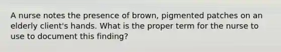 A nurse notes the presence of brown, pigmented patches on an elderly client's hands. What is the proper term for the nurse to use to document this finding?