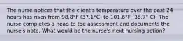 The nurse notices that the client's temperature over the past 24 hours has risen from 98.8°F (37.1°C) to 101.6°F (38.7° C). The nurse completes a head to toe assessment and documents the nurse's note. What would be the nurse's next nursing action?