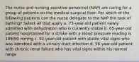 The nurse and nursing assistive personnel (NAP) are caring for a group of patients on the medical-surgical floor. For which of the following patients can the nurse delegate to the NAP the task of bathing? Select all that apply a. 75-year-old patient newly admitted with dehydration who is currently stable b. 65-year-old patient hospitalized for a stroke with a blood pressure reading is 189/90 mmHg c. 92-year-old patient with stable vital signs who was admitted with a urinary tract infection d. 56-year-old patient with chronic renal failure who has vital signs within his normal range