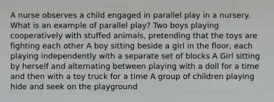 A nurse observes a child engaged in parallel play in a nursery. What is an example of parallel play? Two boys playing cooperatively with stuffed animals, pretending that the toys are fighting each other A boy sitting beside a girl in the floor, each playing independently with a separate set of blocks A Girl sitting by herself and alternating between playing with a doll for a time and then with a toy truck for a time A group of children playing hide and seek on the playground