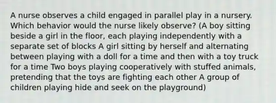 A nurse observes a child engaged in parallel play in a nursery. Which behavior would the nurse likely observe? (A boy sitting beside a girl in the floor, each playing independently with a separate set of blocks A girl sitting by herself and alternating between playing with a doll for a time and then with a toy truck for a time Two boys playing cooperatively with stuffed animals, pretending that the toys are fighting each other A group of children playing hide and seek on the playground)