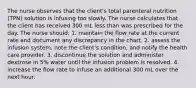 The nurse observes that the client's total parenteral nutrition (TPN) solution is infusing too slowly. The nurse calculates that the client has received 300 mL less than was prescribed for the day. The nurse should: 1. maintain the flow rate at the current rate and document any discrepancy in the chart. 2. assess the infusion system, note the client's condition, and notify the health care provider. 3. discontinue the solution and administer dextrose in 5% water until the infusion problem is resolved. 4. increase the flow rate to infuse an additional 300 mL over the next hour.