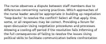 The nurse observes a dispute between staff members due to differences concerning nursing practices. Which approaches of the nurse leader would be appropriate in building up negotiation "loop-backs" to resolve the conflict? Select all that apply. One, some, or all responses may be correct. Providing a forum for open discussion Using negotiation procedures and processes Allowing a cooling-off period if the resolution fails Informing of the full consequences of failing to resolve the issues Using political skills to facilitate communication before confrontation