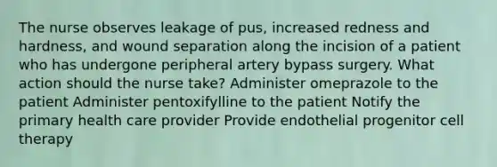 The nurse observes leakage of pus, increased redness and hardness, and wound separation along the incision of a patient who has undergone peripheral artery bypass surgery. What action should the nurse take? Administer omeprazole to the patient Administer pentoxifylline to the patient Notify the primary health care provider Provide endothelial progenitor cell therapy