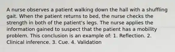 A nurse observes a patient walking down the hall with a shuffling gait. When the patient returns to bed, the nurse checks the strength in both of the patient's legs. The nurse applies the information gained to suspect that the patient has a mobility problem. This conclusion is an example of: 1. Reflection. 2. Clinical inference. 3. Cue. 4. Validation