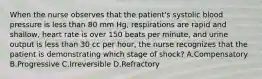 When the nurse observes that the patient's systolic blood pressure is less than 80 mm Hg, respirations are rapid and shallow, heart rate is over 150 beats per minute, and urine output is less than 30 cc per hour, the nurse recognizes that the patient is demonstrating which stage of shock? A.Compensatory B.Progressive C.Irreversible D.Refractory