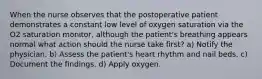 When the nurse observes that the postoperative patient demonstrates a constant low level of oxygen saturation via the O2 saturation monitor, although the patient's breathing appears normal what action should the nurse take first? a) Notify the physician. b) Assess the patient's heart rhythm and nail beds. c) Document the findings. d) Apply oxygen.