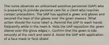 The nurse observes an unlicensed assistive personnel (UAP) who is preparing to provide personal care for a client who requires contact precautions. The UAP has applied a gown and gloves and secured the tops of the gloves over the gown sleeves. What action should the nurse take? a. Remind the UAP to wash hands frequently while in the room b. Help the UAP reposition the gown sleeve over the glove edges c. Confirm that the gown is tide securely at the neck and waist d. Assist the UAP with application of a face mask or face shield