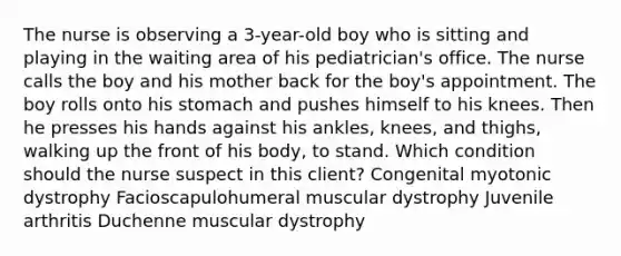 The nurse is observing a 3-year-old boy who is sitting and playing in the waiting area of his pediatrician's office. The nurse calls the boy and his mother back for the boy's appointment. The boy rolls onto his stomach and pushes himself to his knees. Then he presses his hands against his ankles, knees, and thighs, walking up the front of his body, to stand. Which condition should the nurse suspect in this client? Congenital myotonic dystrophy Facioscapulohumeral muscular dystrophy Juvenile arthritis Duchenne muscular dystrophy