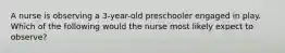 A nurse is observing a 3-year-old preschooler engaged in play. Which of the following would the nurse most likely expect to observe?