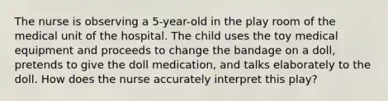 The nurse is observing a 5-year-old in the play room of the medical unit of the hospital. The child uses the toy medical equipment and proceeds to change the bandage on a doll, pretends to give the doll medication, and talks elaborately to the doll. How does the nurse accurately interpret this play?