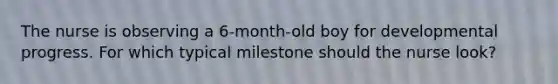 The nurse is observing a 6-month-old boy for developmental progress. For which typical milestone should the nurse look?