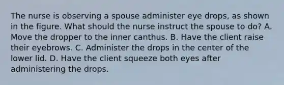 The nurse is observing a spouse administer eye drops, as shown in the figure. What should the nurse instruct the spouse to do? A. Move the dropper to the inner canthus. B. Have the client raise their eyebrows. C. Administer the drops in the center of the lower lid. D. Have the client squeeze both eyes after administering the drops.