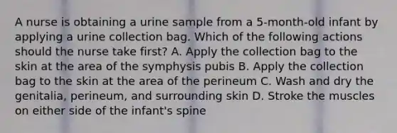 A nurse is obtaining a urine sample from a 5-month-old infant by applying a urine collection bag. Which of the following actions should the nurse take first? A. Apply the collection bag to the skin at the area of the symphysis pubis B. Apply the collection bag to the skin at the area of the perineum C. Wash and dry the genitalia, perineum, and surrounding skin D. Stroke the muscles on either side of the infant's spine