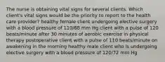 The nurse is obtaining vital signs for several clients. Which client's vital signs would be the priority to report to the health care provider? healthy female client undergoing elective surgery with a blood pressure of 110/68 mm Hg client with a pulse of 120 beats/minute after 30 minutes of aerobic exercise in physical therapy postoperative client with a pulse of 110 beats/minute on awakening in the morning healthy male client who is undergoing elective surgery with a blood pressure of 120/72 mm Hg