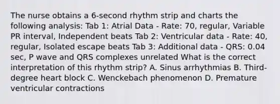 The nurse obtains a 6-second rhythm strip and charts the following analysis: Tab 1: Atrial Data - Rate: 70, regular, Variable PR interval, Independent beats Tab 2: Ventricular data - Rate: 40, regular, Isolated escape beats Tab 3: Additional data - QRS: 0.04 sec, P wave and QRS complexes unrelated What is the correct interpretation of this rhythm strip? A. Sinus arrhythmias B. Third-degree heart block C. Wenckebach phenomenon D. Premature ventricular contractions