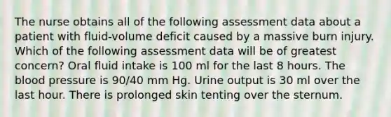 The nurse obtains all of the following assessment data about a patient with fluid-volume deficit caused by a massive burn injury. Which of the following assessment data will be of greatest concern? Oral fluid intake is 100 ml for the last 8 hours. The blood pressure is 90/40 mm Hg. Urine output is 30 ml over the last hour. There is prolonged skin tenting over the sternum.