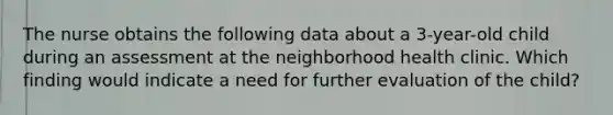 The nurse obtains the following data about a 3-year-old child during an assessment at the neighborhood health clinic. Which finding would indicate a need for further evaluation of the child?