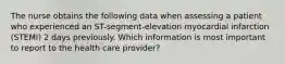 The nurse obtains the following data when assessing a patient who experienced an ST-segment-elevation myocardial infarction (STEMI) 2 days previously. Which information is most important to report to the health care provider?