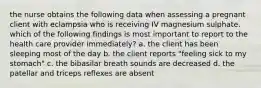 the nurse obtains the following data when assessing a pregnant client with eclampsia who is receiving IV magnesium sulphate. which of the following findings is most important to report to the health care provider immediately? a. the client has been sleeping most of the day b. the client reports "feeling sick to my stomach" c. the bibasilar breath sounds are decreased d. the patellar and triceps reflexes are absent