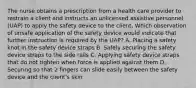 The nurse obtains a prescription from a health care provider to restrain a client and instructs an unlicensed assistive personnel (UAP) to apply the safety device to the client. Which observation of unsafe application of the safety device would indicate that further instruction is required by the UAP? A. Placing a safety knot in the safety device straps B. Safely securing the safety device straps to the side rails C. Applying safety device straps that do not tighten when force is applied against them D. Securing so that 2 fingers can slide easily between the safety device and the client's skin