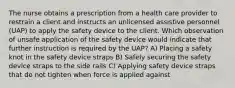 The nurse obtains a prescription from a health care provider to restrain a client and instructs an unlicensed assistive personnel (UAP) to apply the safety device to the client. Which observation of unsafe application of the safety device would indicate that further instruction is required by the UAP? A) Placing a safety knot in the safety device straps B) Safely securing the safety device straps to the side rails C) Applying safety device straps that do not tighten when force is applied against