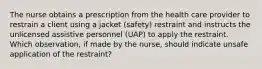 The nurse obtains a prescription from the health care provider to restrain a client using a jacket (safety) restraint and instructs the unlicensed assistive personnel (UAP) to apply the restraint. Which observation, if made by the nurse, should indicate unsafe application of the restraint?