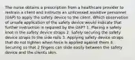 The nurse obtains a prescription from a healthcare provider to restrain a client and instructs an unlicensed assistive personnel (UAP) to apply the safety device to the client. Which observation of unsafe application of the safety device would indicate that further instruction is required by the UAP? 1. Placing a safety knot in the safety device straps 2. Safely securing the safety device straps to the side rails 3. Applying safety device straps that do not tighten when force is applied against them 4. Securing so that 2 fingers can slide easily between the safety device and the clients skin.