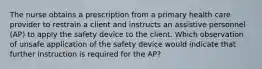 The nurse obtains a prescription from a primary health care provider to restrain a client and instructs an assistive personnel (AP) to apply the safety device to the client. Which observation of unsafe application of the safety device would indicate that further instruction is required for the AP?