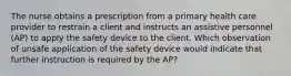 The nurse obtains a prescription from a primary health care provider to restrain a client and instructs an assistive personnel (AP) to apply the safety device to the client. Which observation of unsafe application of the safety device would indicate that further instruction is required by the AP?