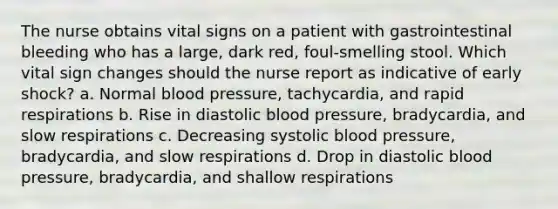 The nurse obtains vital signs on a patient with gastrointestinal bleeding who has a large, dark red, foul-smelling stool. Which vital sign changes should the nurse report as indicative of early shock? a. Normal blood pressure, tachycardia, and rapid respirations b. Rise in diastolic blood pressure, bradycardia, and slow respirations c. Decreasing systolic blood pressure, bradycardia, and slow respirations d. Drop in diastolic blood pressure, bradycardia, and shallow respirations