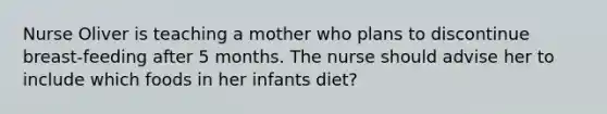 Nurse Oliver is teaching a mother who plans to discontinue breast-feeding after 5 months. The nurse should advise her to include which foods in her infants diet?