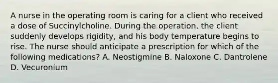 A nurse in the operating room is caring for a client who received a dose of Succinylcholine. During the operation, the client suddenly develops rigidity, and his body temperature begins to rise. The nurse should anticipate a prescription for which of the following medications? A. Neostigmine B. Naloxone C. Dantrolene D. Vecuronium