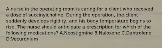 A nurse in the operating room is caring for a client who received a dose of succinylcholine. During the operation, the client suddenly develops rigidity, and his body temperature begins to rise. The nurse should anticipate a prescription for which of the following medications? A.Neostigmine B.Naloxone C.Dantrolene D.Vecuronium