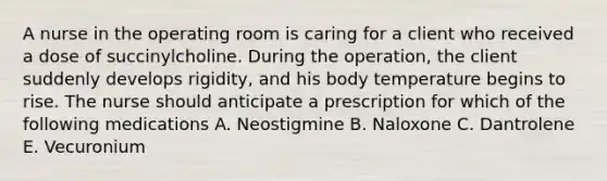 A nurse in the operating room is caring for a client who received a dose of succinylcholine. During the operation, the client suddenly develops rigidity, and his body temperature begins to rise. The nurse should anticipate a prescription for which of the following medications A. Neostigmine B. Naloxone C. Dantrolene E. Vecuronium