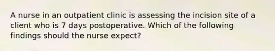 A nurse in an outpatient clinic is assessing the incision site of a client who is 7 days postoperative. Which of the following findings should the nurse expect?