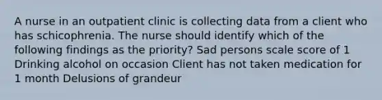 A nurse in an outpatient clinic is collecting data from a client who has schicophrenia. The nurse should identify which of the following findings as the priority? Sad persons scale score of 1 Drinking alcohol on occasion Client has not taken medication for 1 month Delusions of grandeur