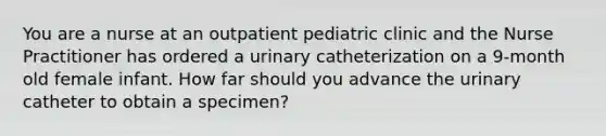 You are a nurse at an outpatient pediatric clinic and the Nurse Practitioner has ordered a urinary catheterization on a 9-month old female infant. How far should you advance the urinary catheter to obtain a specimen?