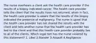 The nurse overhears a client ask the health care provider if the results of a biopsy indicated cancer. The health care provider tells the client that the results have not returned, when in fact, the health care provider is aware that the results of the biopsy indicated the presence of malignancy. The nurse is upset that the health care provider has not shared the results with the client and tells another nurse that the health care provider has lied to the client and that this health care provider probably lies to all of the clients. Which legal tort has the nurse violated by this statement? 1. Libel 2.Slander 3.Assault 4.Negligence