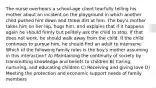 The nurse overhears a school-age client tearfully telling his mother about an incident on the playground in which another child pushed him down and threw dirt at him. The boy's mother takes him on her lap, hugs him, and explains that if it happens again he should firmly but politely ask the child to stop. If that does not work, he should walk away from the child. If the child continues to pursue him, he should find an adult to intervene. Which of the following family roles is the boy's mother assuming in this interaction? A) Maintaining the continuity of society by transmitting knowledge and beliefs to children B) Caring, nurturing, and educating children C) Receiving and giving love D) Meeting the protection and economic support needs of family members