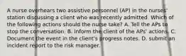 A nurse overhears two assistive personnel (AP) in the nurses' station discussing a client who was recently admitted. Which of the following actions should the nurse take? A. Tell the APs to stop the conversation. B. Inform the client of the APs' actions. C. Document the event in the client's progress notes. D. submit an incident report to the risk manager.