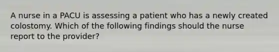 A nurse in a PACU is assessing a patient who has a newly created colostomy. Which of the following findings should the nurse report to the provider?