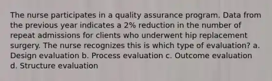 The nurse participates in a quality assurance program. Data from the previous year indicates a 2% reduction in the number of repeat admissions for clients who underwent hip replacement surgery. The nurse recognizes this is which type of evaluation? a. Design evaluation b. Process evaluation c. Outcome evaluation d. Structure evaluation